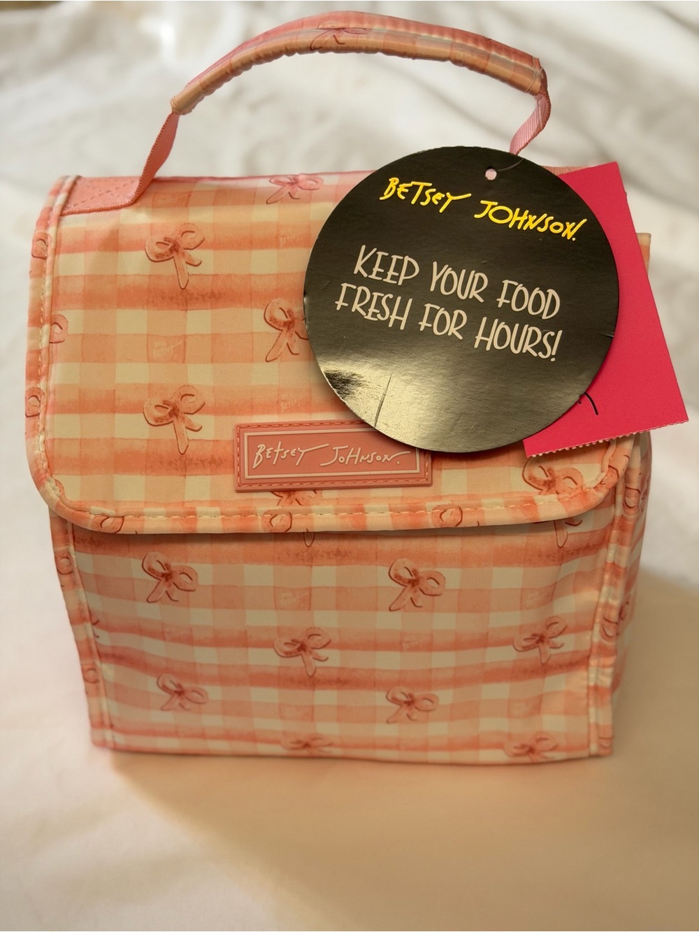 Betsey Johnson Peach Pink Plaid Bow Insulated Lunch Bag